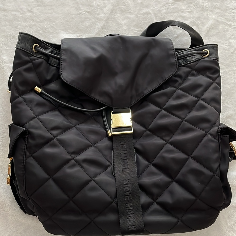 Steve Madden quilted backpack black with faux leather trim and gold hardware B32